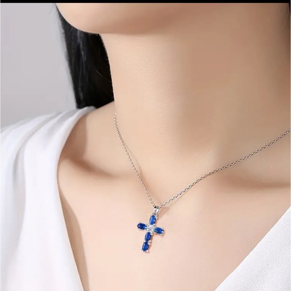 Elegant Blue Oval Cubic Zirconia Dainty Cross Pendant Spiritual Necklace - Picture 2 of 5